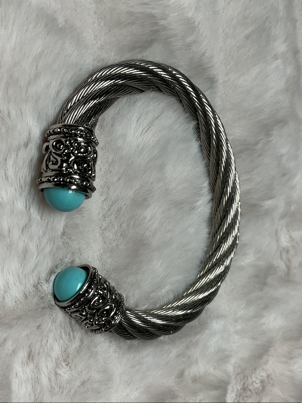 Silver-Tone Cable Cuff Bracelet with Turquoise Blue Cabochons